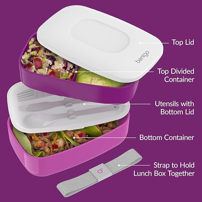 Bentgo Classic - Adult Bento Box, Stackable 3-Compartment Lunch Box with Removable Utensil Set and Sealing Strap, BPA-Free, Food Container Ideal for Meal Prep, Work, and On the Go (Purple)