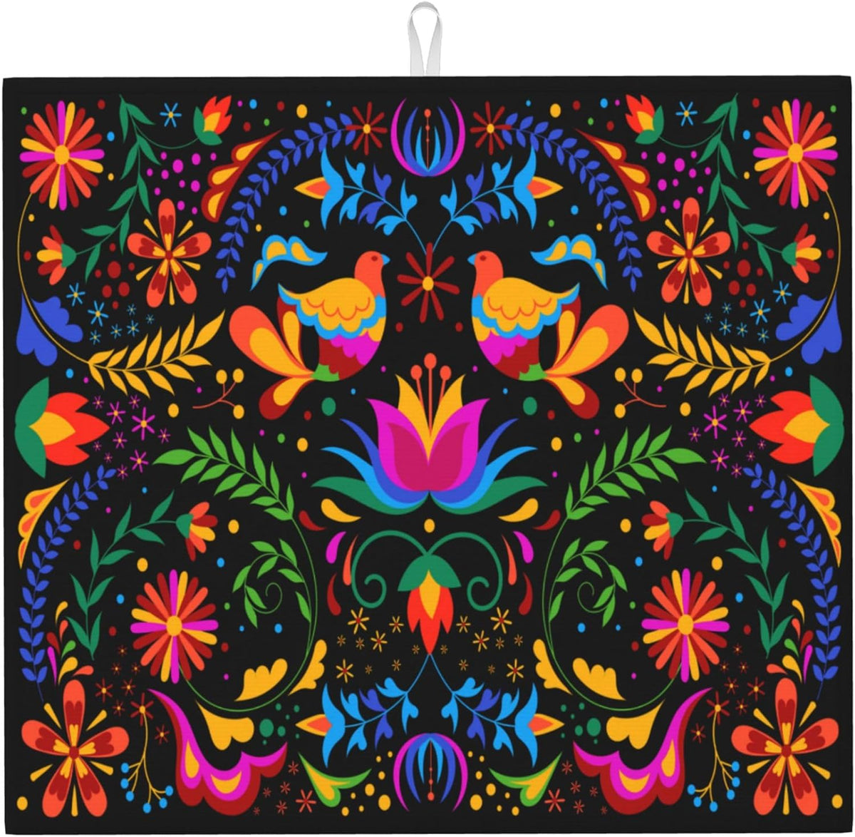 Mexican Dish Drying Mat for Kitchen Counter Mexican Flower Decorative Dish Drainer Rack Mats 16x18 Inch Absorbent Reversible Drying Pad Black