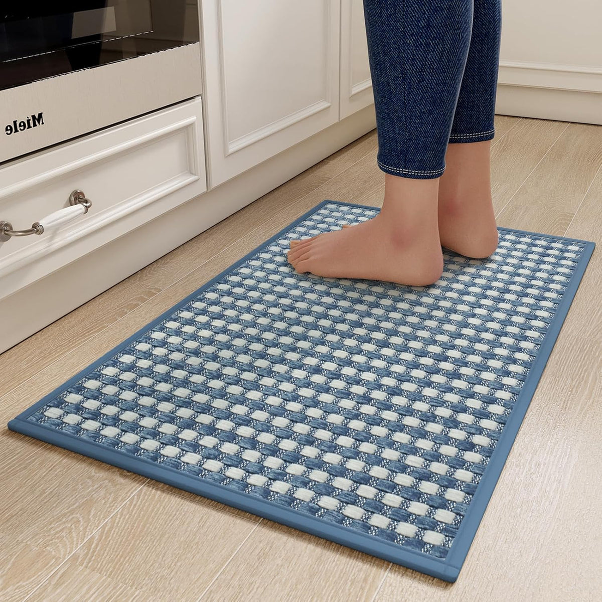 Kitchen Mats for Floor, Super Absorbent Kitchen Rugs Non Slip Washable, Rubber Backing Soft Chenille Braided Kitchen Runner Rug Standing Mat Sink Mat, Easy to Clean, Blue 17"x28"