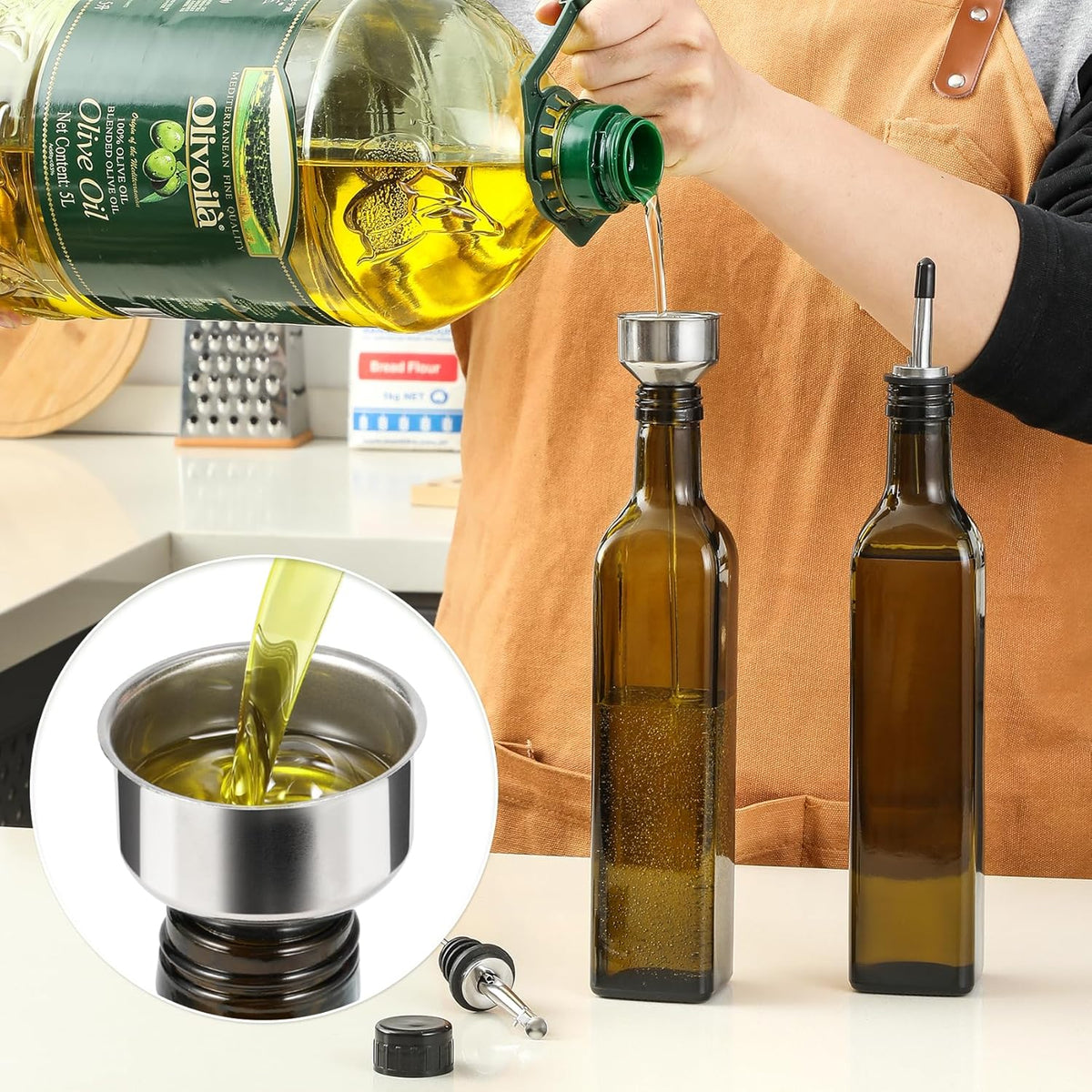 AOZITA 17oz Glass Olive Oil Dispenser - Oil and Vinegar Cruet Bottle with Stainless Steel Pourers - Funnel For Easy Refill - Olive Oil Carafe Decanter for Kitchen