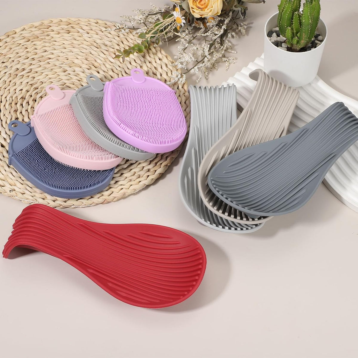 uxcell 1 Set Silicone Spoon Rest for Stove Top, Silicone Spoon Holder for Cooking Spatula, Ladle, Brush Light Grey/Purple