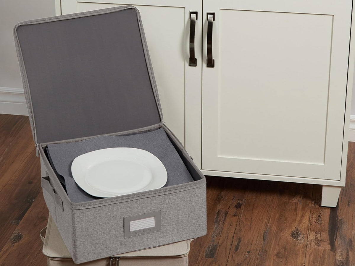 Covermates Keepsakes Dish Storage Box - Stackable, Reinforced Handles, China Storage, Grey Heather