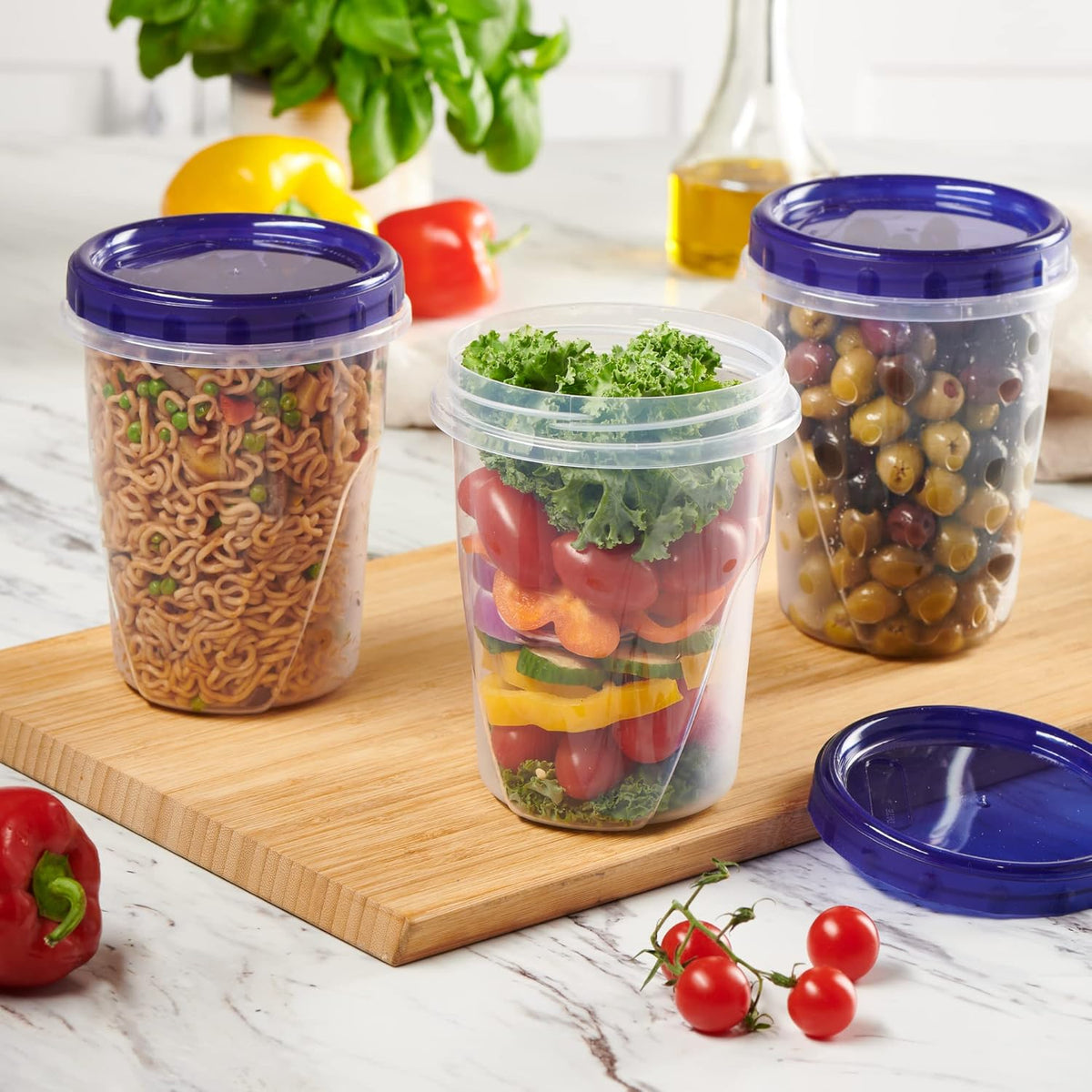 PLASTICPRO 6 Pack Twist Cap Food Storage Containers with Blue Screw on Lid- 32 oz Reusable Meal Prep Containers - Freezer and Microwave Safe Blue Plastic Food Storage