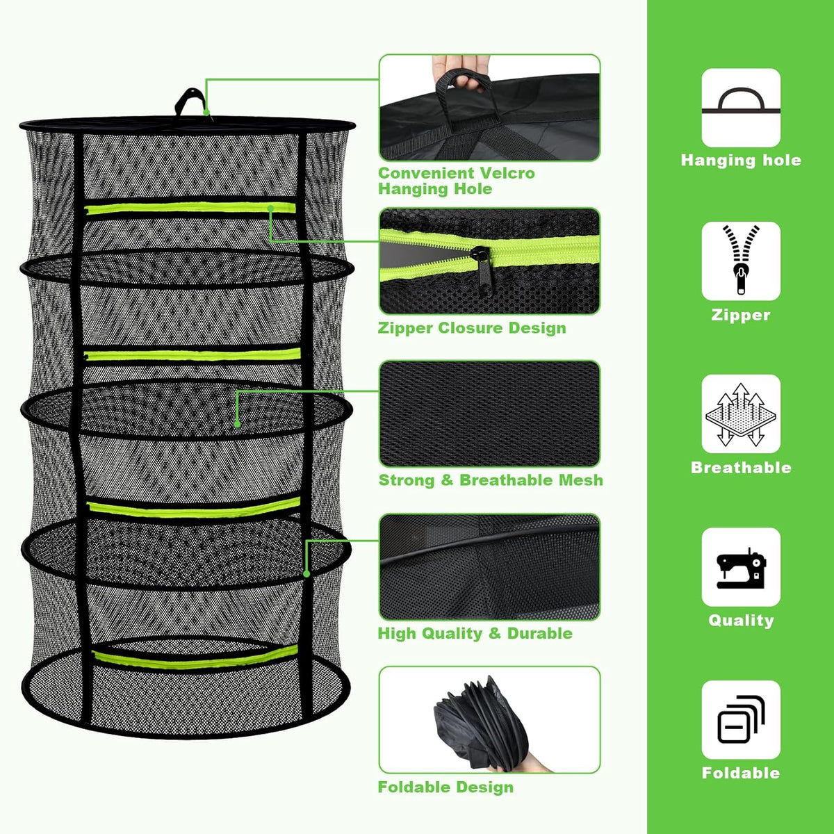 Herb Drying Rack - Mesh Drying Rack - Herb Drying Rack Hanging with Green Zipper & Garden Pruning Shears for Drying Herb - Hanging Drying Rack - Plant Drying Rack (8 Layers)