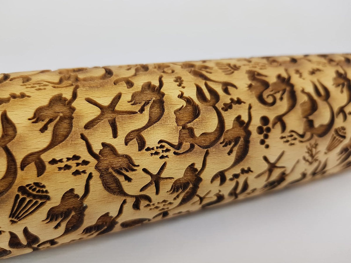 MERMAID Embossing Rolling Pin> Laser Engraved Wooden Dough Roller with Ocean Symbols