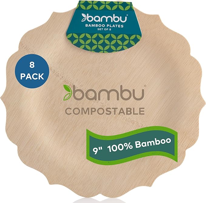 Bambu Pack of 8-9 Inch Disposable Bamboo Plates Fancy, Biodegradable Eco Friendly Products, Bamboo Disposable Plates for Party, Weddings, and Events, Great For Any Occasion, Compostable Plates