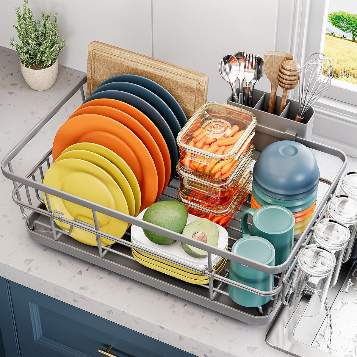 Dish Drying Rack for Kitchen Counter, Large Dish Racks with Drainboard, Kitchen Sink Dish Strainer Rack, Countertop Dish Drainer Rack with Cup & Utensil Holders, Dish Dryer Rack Large Size Gray