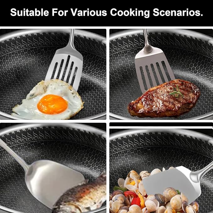 2 Pcs stainless steel spatula set,Heat Resistant metal spatula for cooking, kitchen utensils set Include Solid & Slotted Turner,Ergonomic Handle, Easy to Clean