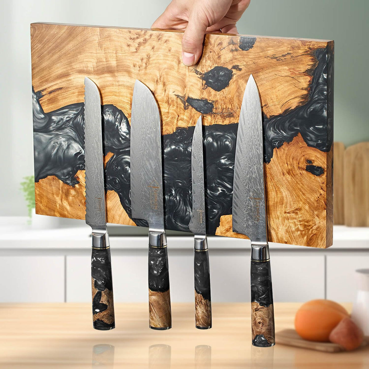 SENKEN "Black Tsunami" Extra Large Magnetic Knife Block - Holds Up to 16 Knives - Knife Block without Knives, Universal Knife Holder, Beautiful Dark Resin & Natural Wood Blend (Black Resin)