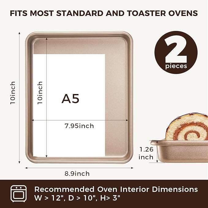 HONGBAKE 2 Pack 11 x 9 Inch Toaster Oven Pans and Trays, Small Baking Sheet Set for Cooking, Non-Stick Cookie Sheets, Heavy-Duty 0.8mm Thick, Easy to Clean, 1.26 Inch Deep, Gold