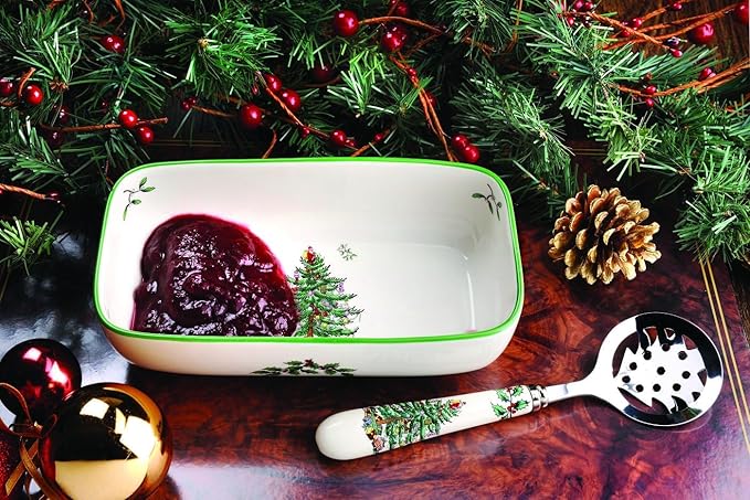 Portmeirion Botanic Garden Cranberry Dish with Slotted Spoon, 2-Piece Set, 8"x 4.25" Sauce Dish with 4.25" Serving Spoon, Rhododendron Flower Motif, Fine Porcelain, Dishwasher and Microwave Safe
