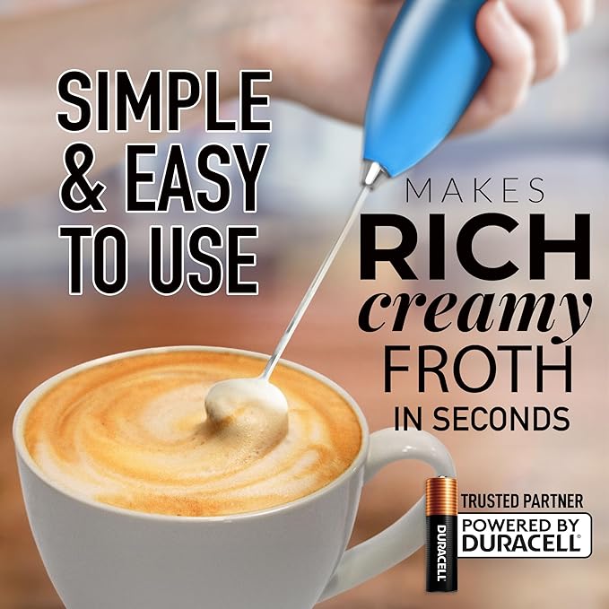 Zulay Kitchen Milk Frother Handheld Electric Whisk with AA Duracell Batteries – Durable Drink Mixer for Coffee, Lattes, Cappuccinos & More - Metallic Blue