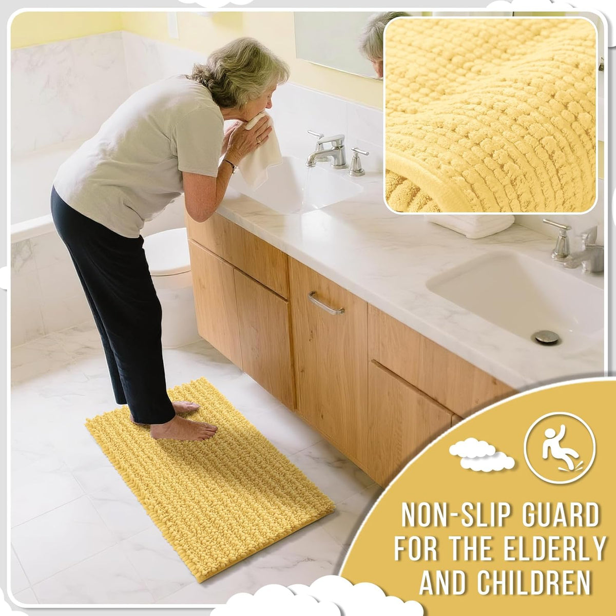 Yimobra Long Bathroom Rugs Non Slip Washable 44x24 Inch - Ultra Soft Absorbent Chenille Bath Mat, Quick Dry Shaggy Floor Carpet for Tub Shower, Yellow Home Decor Accessories
