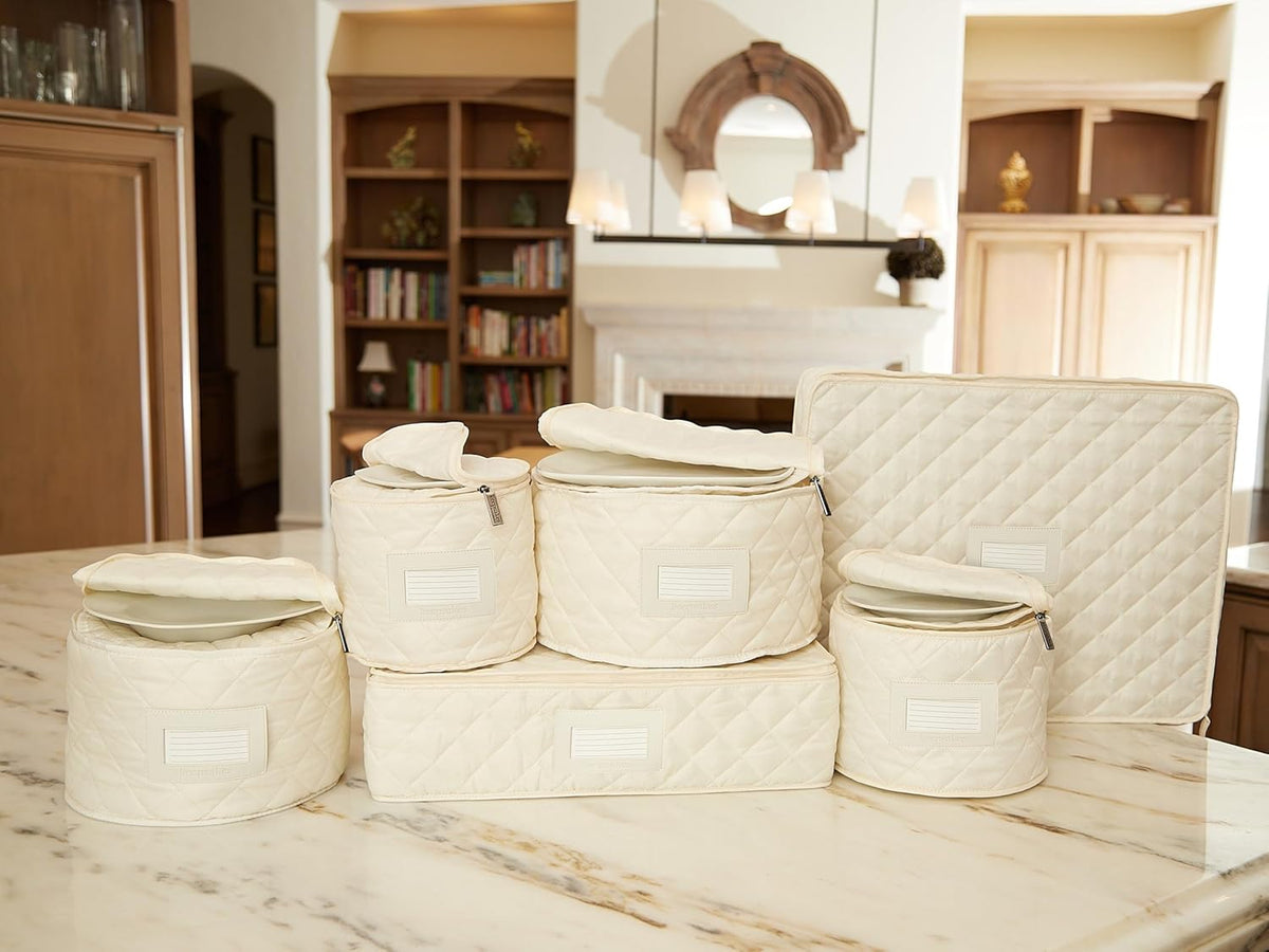 Covermates Keepsakes - Dish Storage Set - Padded Protection - ID Window - Stain Resistant - Machine Washable - China Storage, Cream