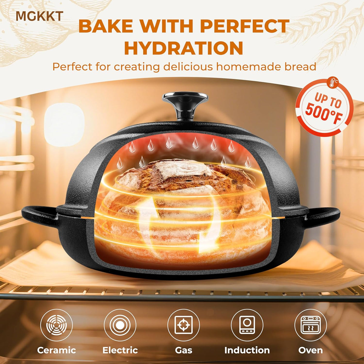 MGKKT Enamelled Cast Iron Dutch Oven with Cloche Lid, 5QT Round Bread Pot for Sourdough Bread Baking, Baking Enthusiast Gift, Cast Iron Bread Oven, Black