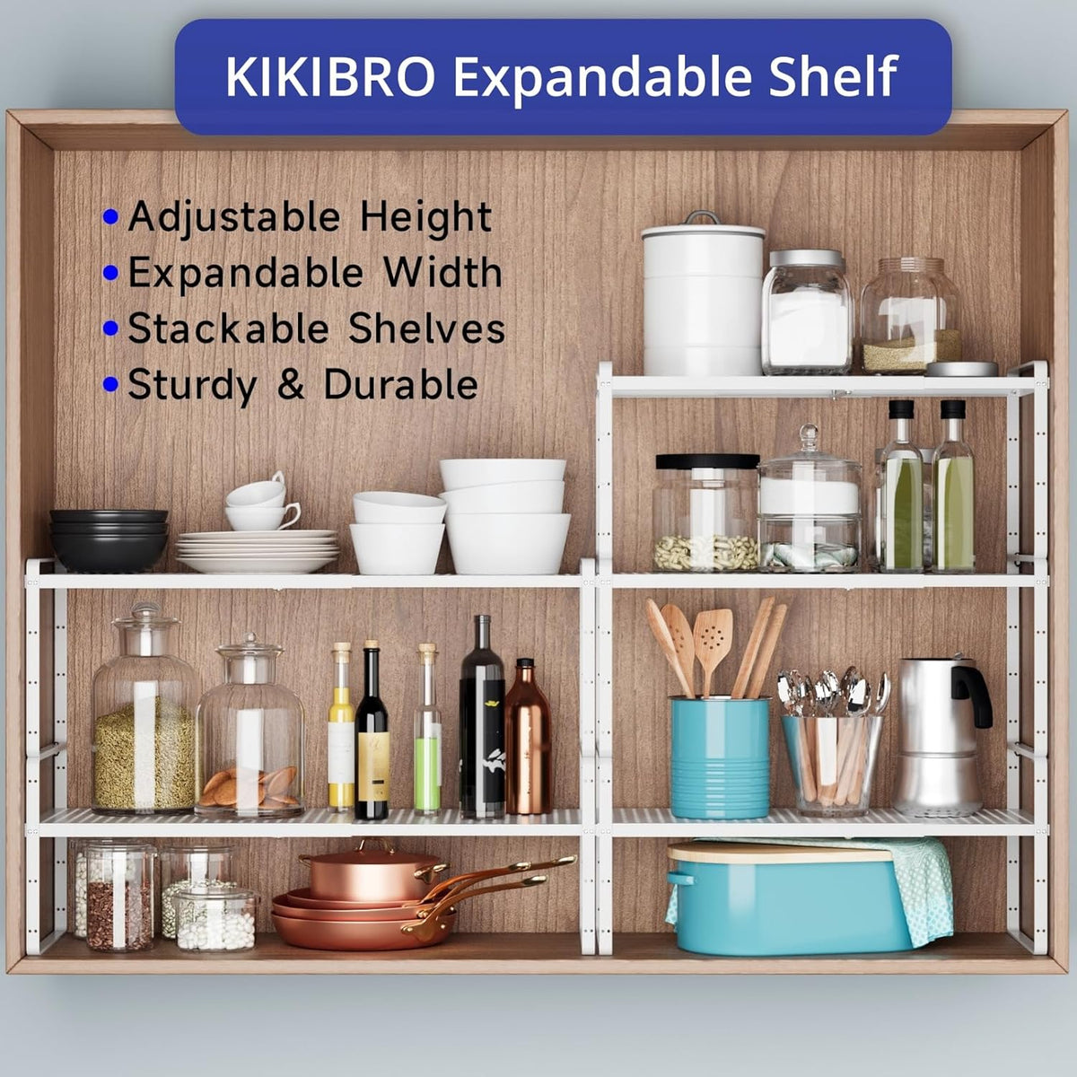 Expandable Kitchen Shelf Organizers, Kitchen Cabinet Organizer Stand Rack Organization for Countertop Cupborad Pantry, White 3 Pack