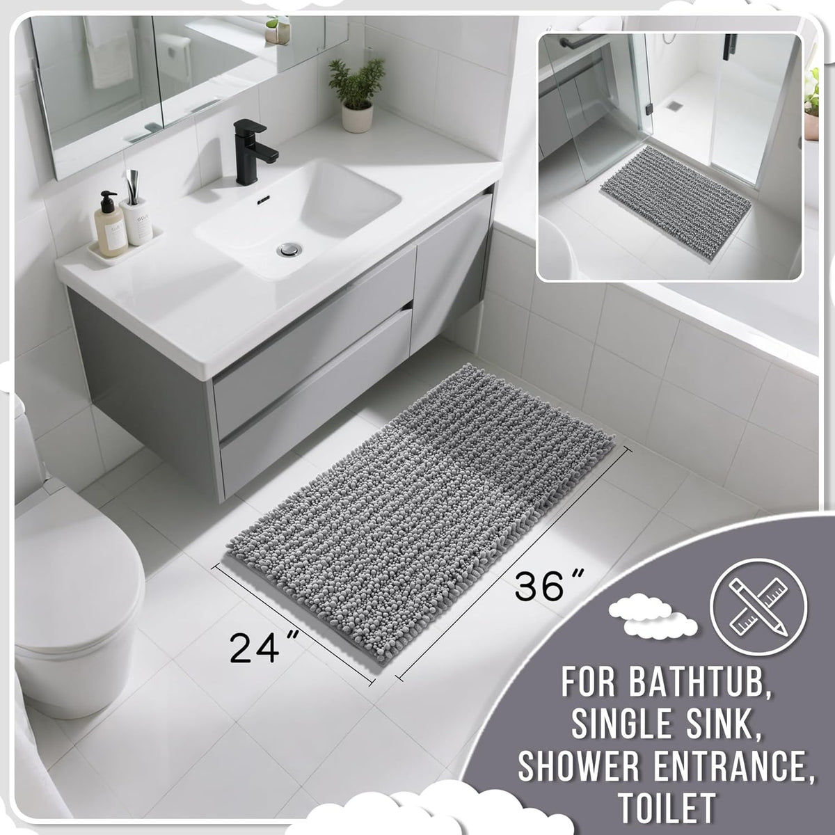 Yimobra Large Bathroom Rugs Non Slip Washable 36x24 Inch - Ultra Soft Absorbent Chenille Bath Mat, Quick Dry Shaggy Floor Carpet for Tub Shower, Gray Home Decor Accessories