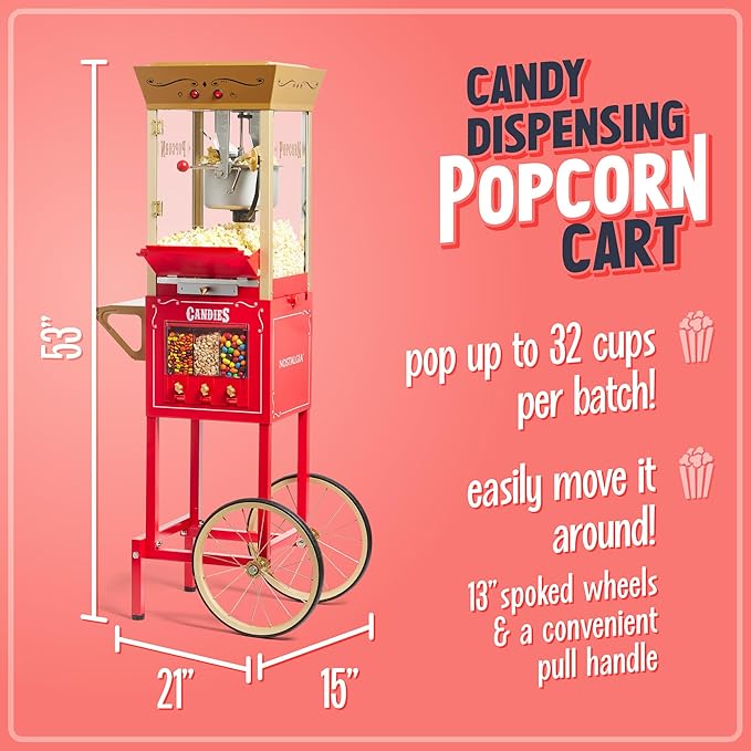 Nostalgia Vintage 8 Ounce Professional Popcorn Cart Makes Up to 32 Cups, Three Storage Candy & Kernel Dispenser Also for Nuts, Chocolate, Measuring Spoons and Scoop Included, Red