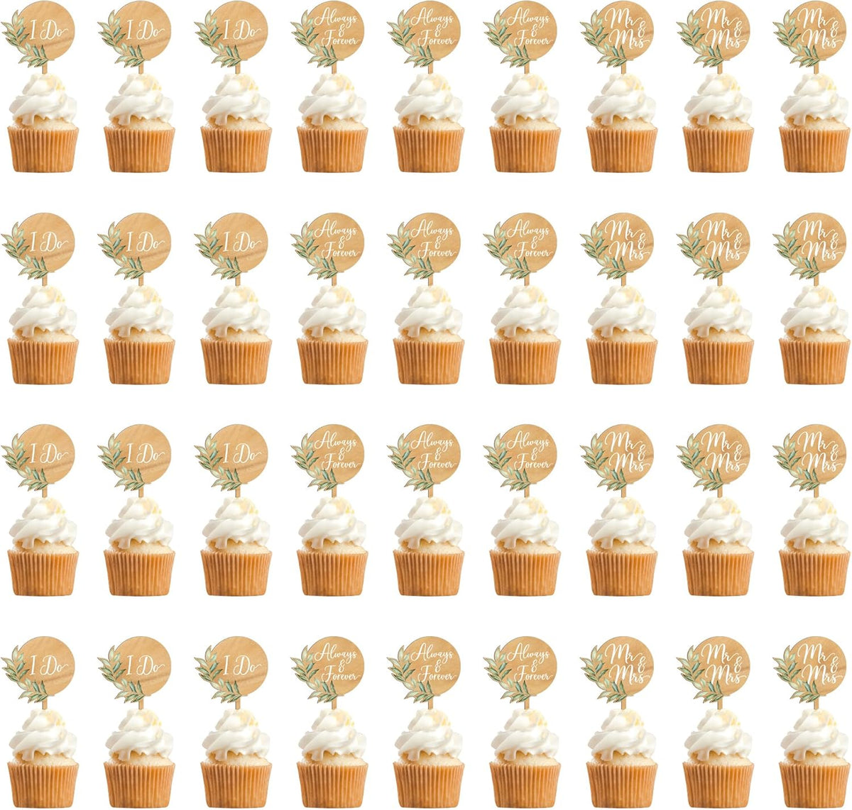 36 PCS Greeny Wedding Cupcake Toppers in Wood Mr & Mrs Engagement Cupcake Decorations