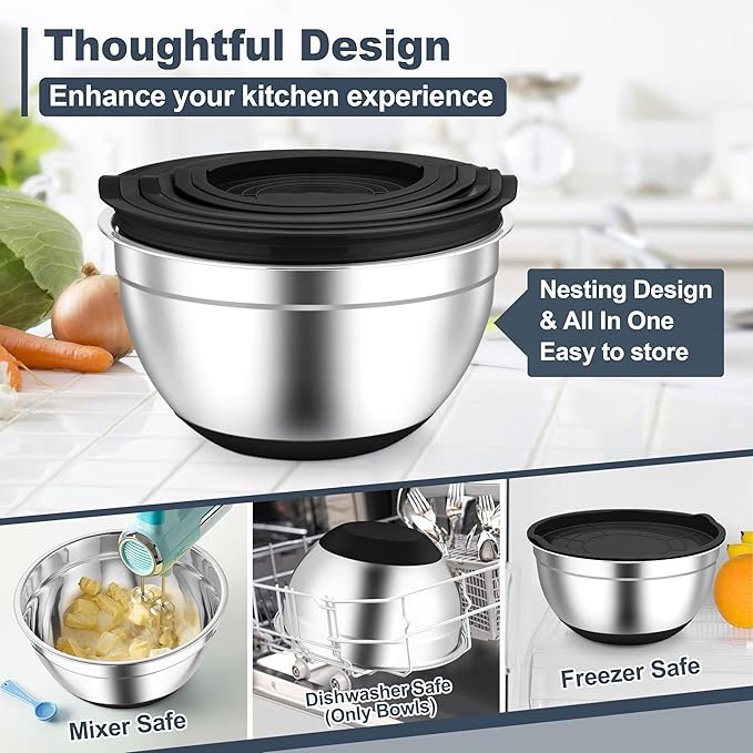 TeamFar Mixing Bowls, Black Mixing Bowls with Lids Set, Stainless Steel Nesting Salad Bowl with Air-tight Lid & Silicone Bottom, Non Slip & Stackable - Set of 6-4.6/2.6/2 / 1.5/1 / 0.7 Qt