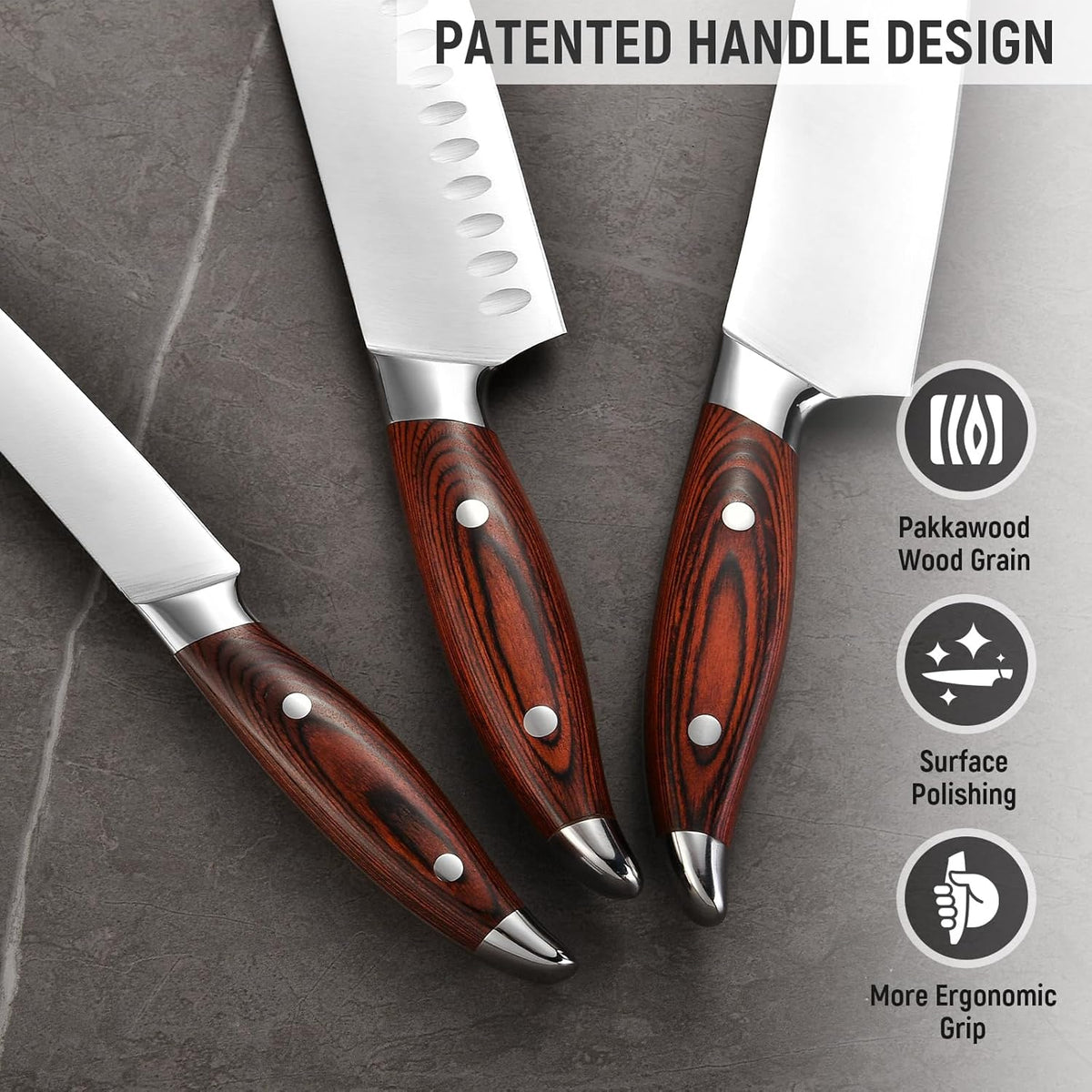 3-Piece Kitchen Knife Set – Includes Ultra-Sharp Chef Knife, High Carbon Stainless Steel Blades with Ergonomic Pakkawood Handles, Professional Knives Set for Kitchen, Elegant Gift Box