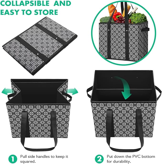WISELIFE Reusable Grocery Bags [3 Pack],Large Grocery Tote Bag Water Resistant Shopping Bags Foldable Grocery Bag for Clothes,Shoes and Picnic,Black