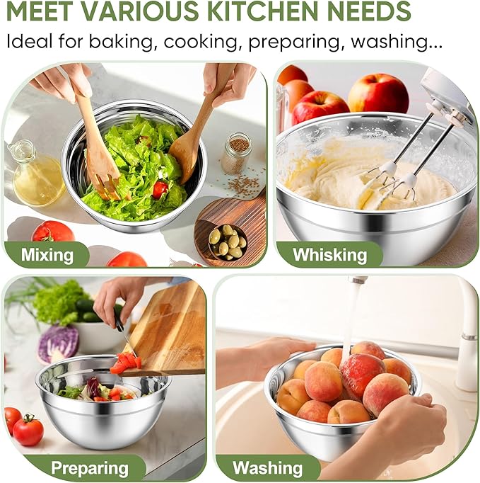 TeamFar Mixing Bowls, 3PCS Stainless Steel Serving Salad Bowls with Lids & 3 Graters, For Kitchen Mixing/Baking/Storing/Prepping, Visible & Airtight, Easy Clean - 4.5/3 / 1.5 QT, Khaki