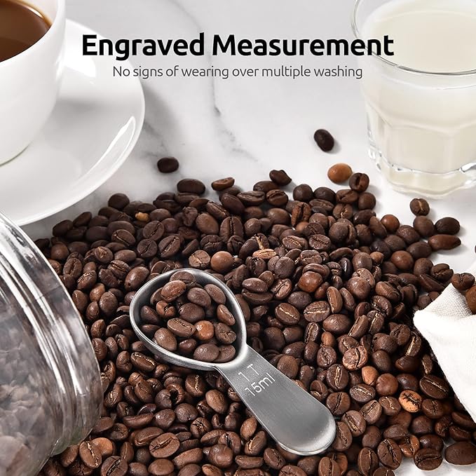 18/8 Stainless Steel Coffee Scoop: U-Taste 1 Tablespoon Metal Measuring Spoon Set of 2, Short Handled Measure Scooper for Ground Coffee, Bean, Espresso, Powder, for Canister (Silver, 1Tbsp/15ml)