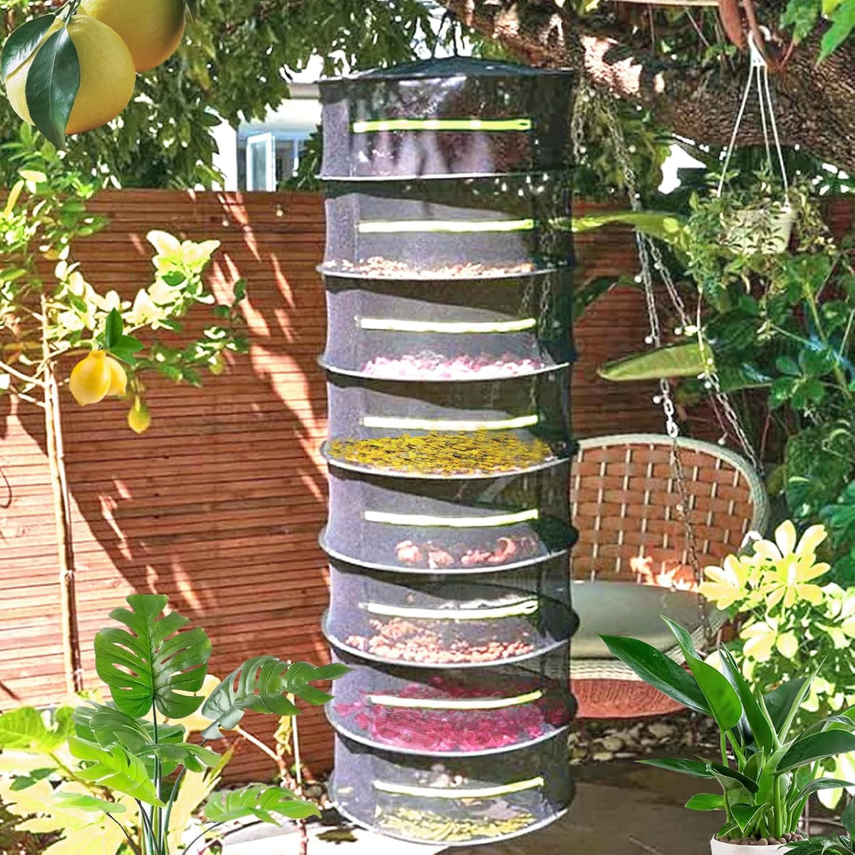 Herb Drying Rack, Breathable Mesh, 8 Layers, Black, Nylon, Polyester, Hanging, Foldable, 8x24x24 Inches, 17 lbs Capacity, For Herbs, Meat, Plants, Fish, Clothes, Nuts
