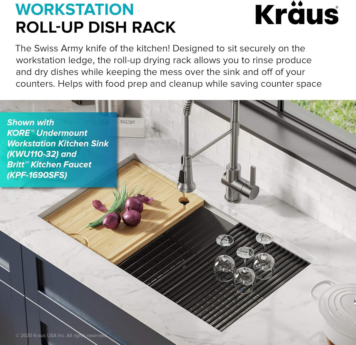 KRAUS Multipurpose Workstation Sink Roll-Up Dish Drying Rack, Colander and Trivet in Aqua, KRM-11AQ