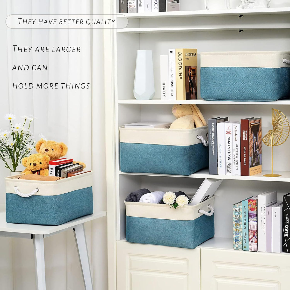 TcaFmac Storage Basket for Organizing - Large 4 Pack Fabric Storage Bins Baskets for Shelves with Ropes, Collapsible Storage Cubes for Closet Toy (White & Green16x12x8 inch)