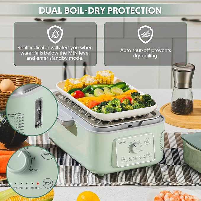BUYDEEM G52 10.6 Quart 2-Tier Electric Food Steamer for 4-8 Servings, Vegetable Steamer for Cooking, 2-hour Keep Warm, 7 Preset Timings, Dual Boil-Dry Protection, Stainless Steel, Cozy Greenish