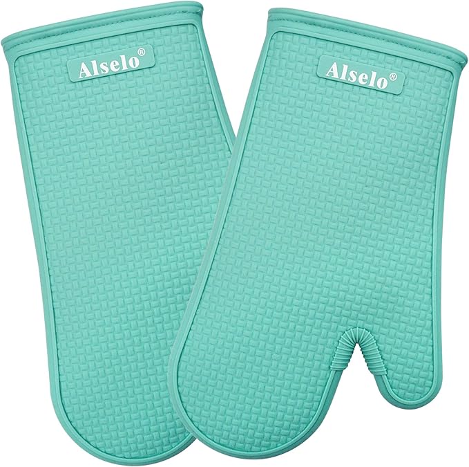 Alselo Oven Mitts Heat Resistant Silicone Kitchen Gloves for 550 Degrees with Waterproof and Non-Silp, Set of 2 Oven Gloves for Baking Cooking Barbecue Microwave Machine Washable (Blue, 2)
