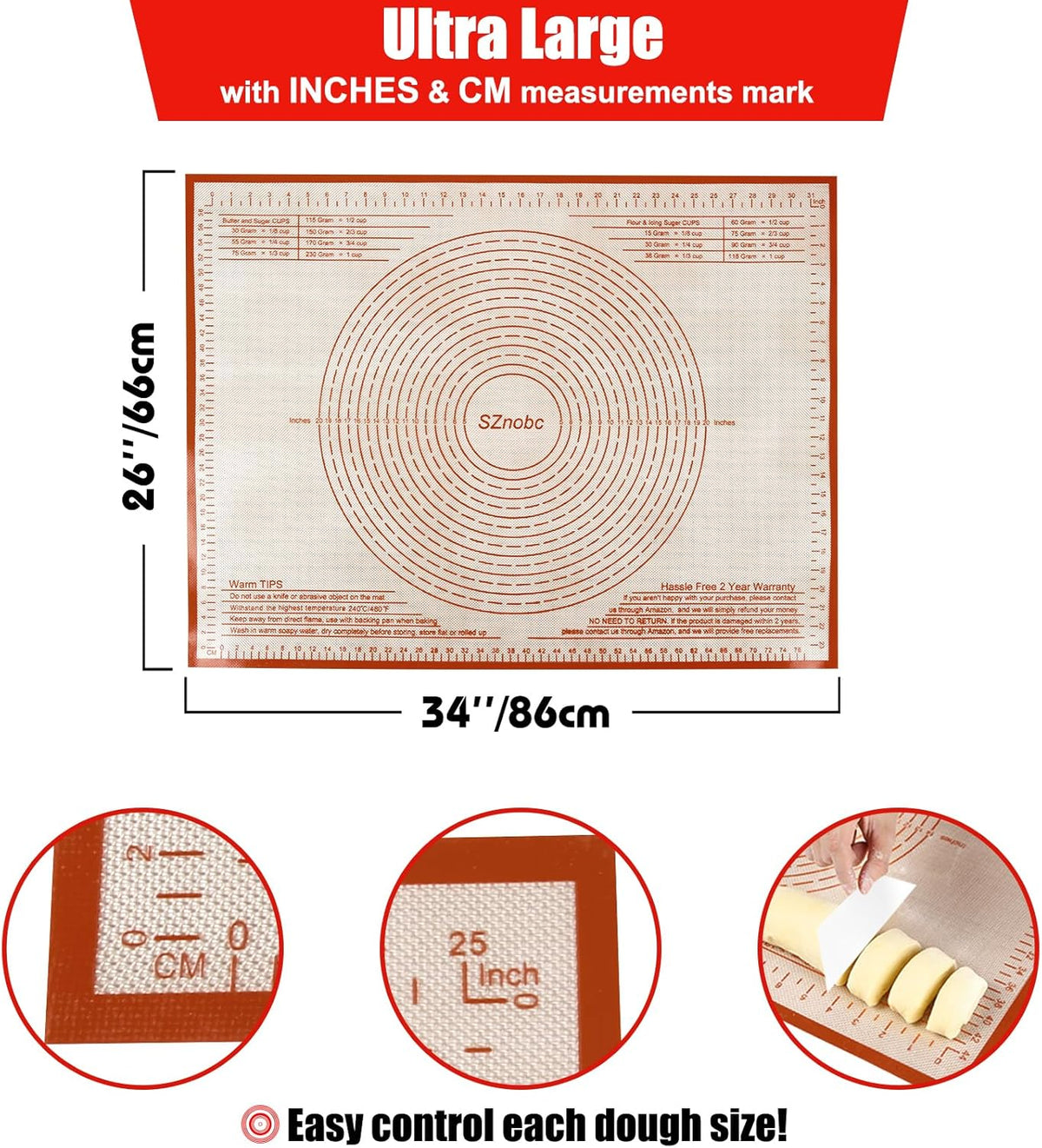 Silicone Pastry Mat 34X26 Inch Nonstick Baking Mat with Measurement, Perfect for Dough Mat, Pastry Board, Kitchen Counter Mat, For Dough, Pie Crust, Fondant, Pasta/Pizza, Red
