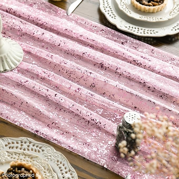 Artoid Mode Pink Gold Gauze Table Runner 120 Inch 10FT, Glitter Metallic Foil Sheer Dining Wedding Anniversary Holiday Table Decor for Home Party