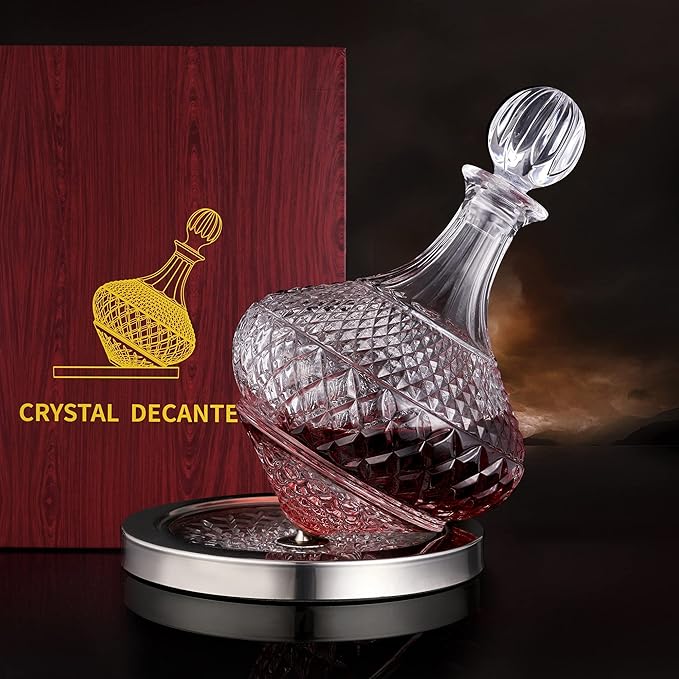 spinning wine decanter with stopper, 50 oz red wine decanter crystal and gift box, for wedding gift, birthday, helovers'day, christmas day.