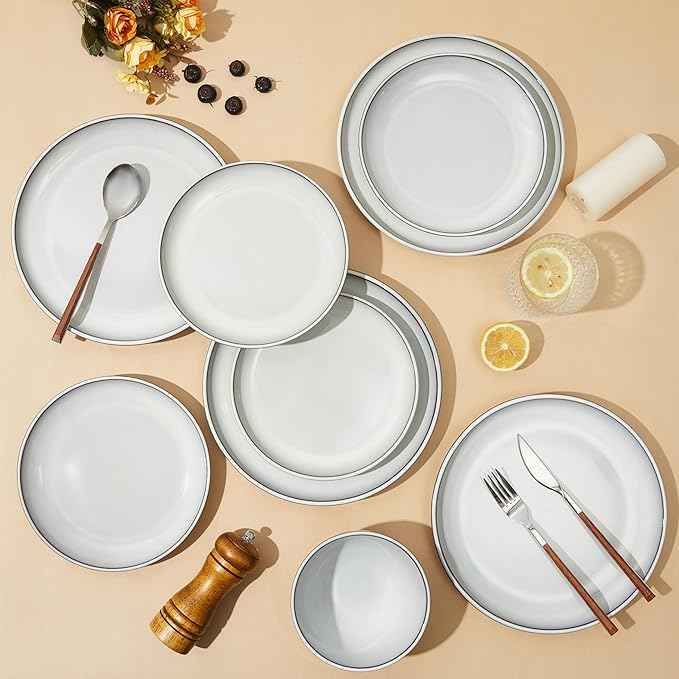 18 Piece White Stoneware Dinnerware Set for 6, Santorini Mist Terracotta Plates and Bowls with Reactive Glaze, Microwave & Dishwasher Safe, Aesthetic Ceramic Dishes for Family Meals & Hosting
