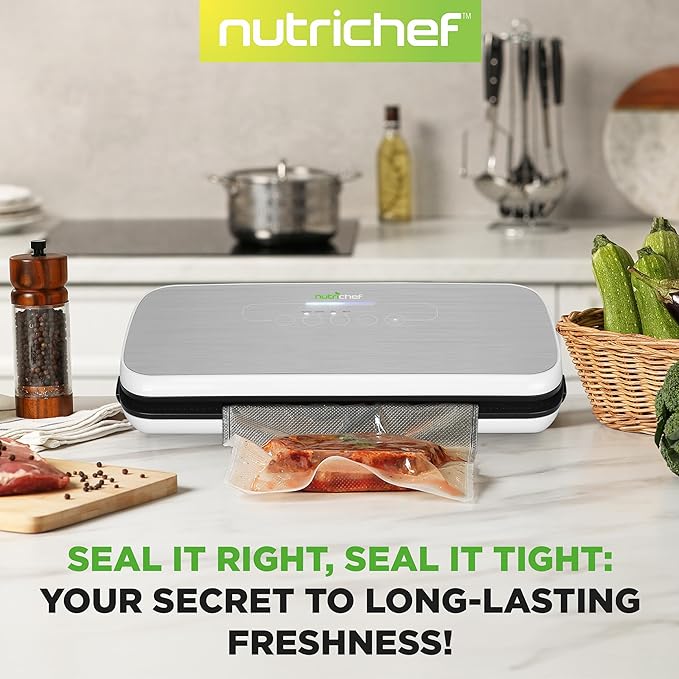 NutriChef Food Vacuum Sealer Machine - Automatic Air Sealing System for Dry & Moist Foods, LED Touch Controls, Includes Vacuum Bags, Hose & Wine Stopper, High Suction Power, 14"x6"x3", Silver