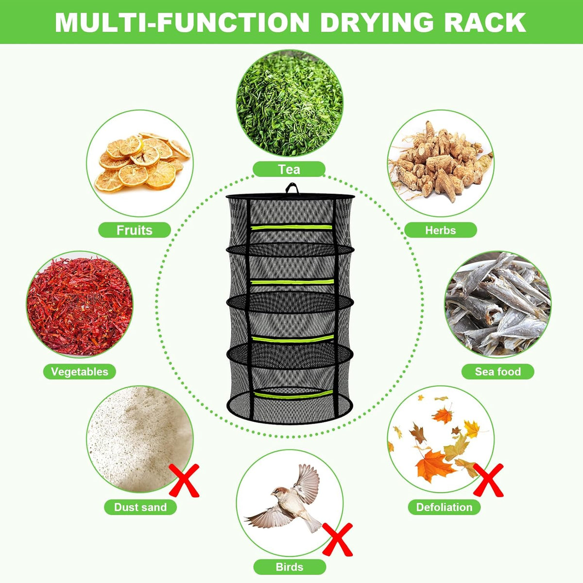 Herb Drying Rack - Mesh Drying Rack - Herb Drying Rack Hanging with Green Zipper & Garden Pruning Shears for Drying Herb - Hanging Drying Rack - Plant Drying Rack (8 Layers)
