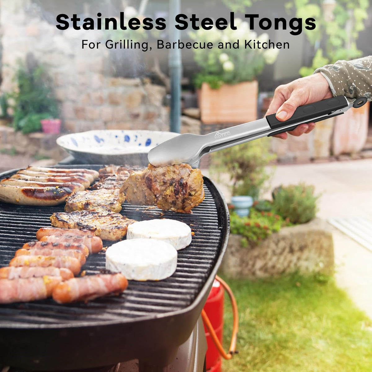 Hotec Stainless Steel Kitchen Tongs Grill Tongs Set of 2-9" and 12", Barbecue Tongs Locking Metal BBQ Kitchen Food Tongs for Cooking Non-Slip Grip