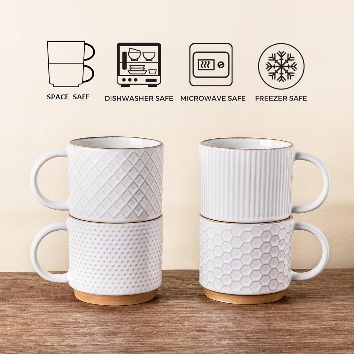 GBHOME 12OZ Stackable Coffee Mugs, Ceramic Coffee Mugs with Texture Patterns for Man,Woman,Dad,Mom, Modern Coffee Mugs Set of 4 for Latte/Cappuccino/Cocoa. Dishwasher&Microwave Safe, Off White