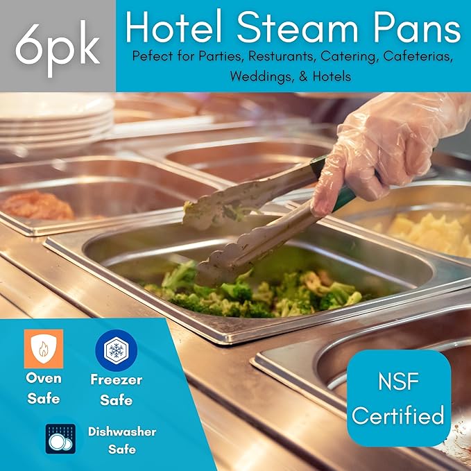 BIRDROCK HOME Stainless Steel Steam Table Pan - Hotel, Restaurant & Catering Supplies - 24 Gauge Steel, 9.9 qt Capacity - Meal Prep, Cooking, & Food Storage Container - 6" Depth, 1/2-Size (6 Pack)