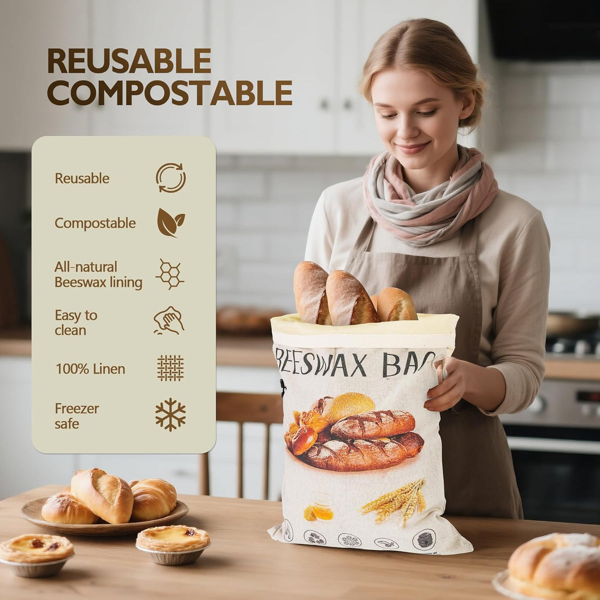 3-Pack Reusable Beeswax Bread Bags for Homemade Bread Sourdough, 2 Natural Beeswax 100% Linen Moisture-proof Lined Storage Bags with Buckle& 1 Bowl Covers –Keeps Bakes Fresh Longer (Bread print color)
