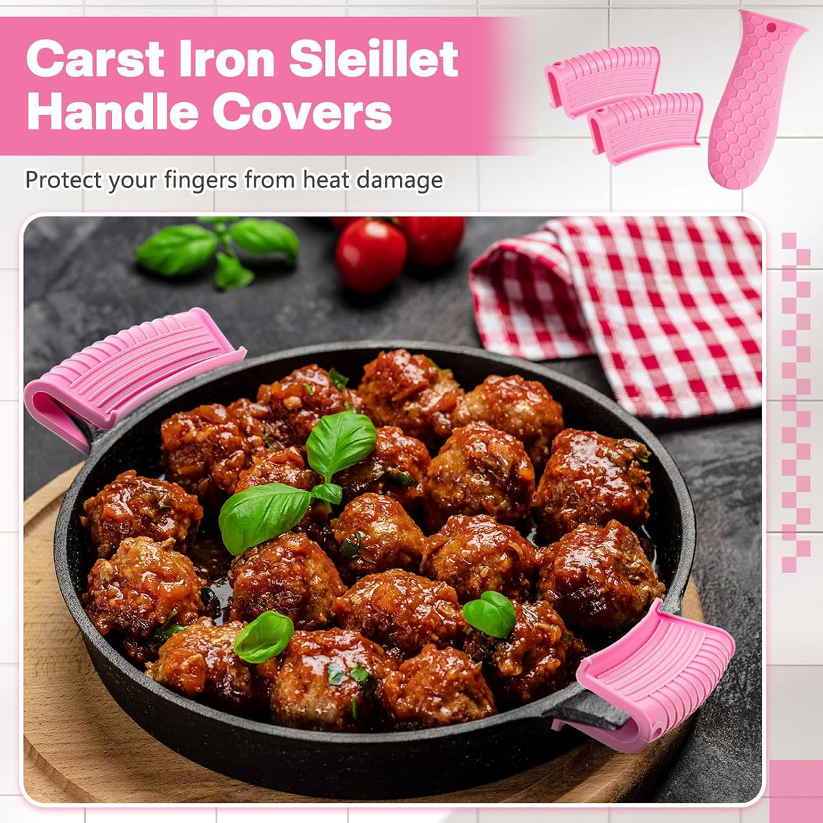 Patelai 8 Pcs Silicone Pot Holders Cast Iron Handle Cover Heat Resistant Pot Handle Covers Potholder Non Slip Reusable Pan Sleeve for Frying Pan Kitchen Supplies(Pink)
