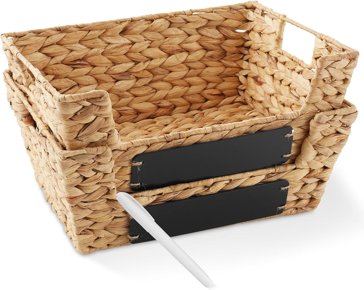 Casafield Set of 2 Water Hyacinth Pantry Baskets with Handles, Chalkboard Labels, and Marker - Natural, Wide Woven Storage Bin Organizers for Kitchen Shelves