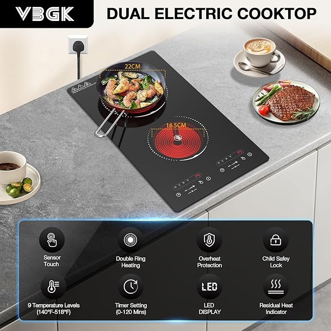 VBGK Electric Cooktop,110V 2100W 2 Burner Electric Cooktop,Countertop and Built-in Stove top with 9 Power Levels,Child Safety Lock, Timer, LED touch control,Overheat Protection