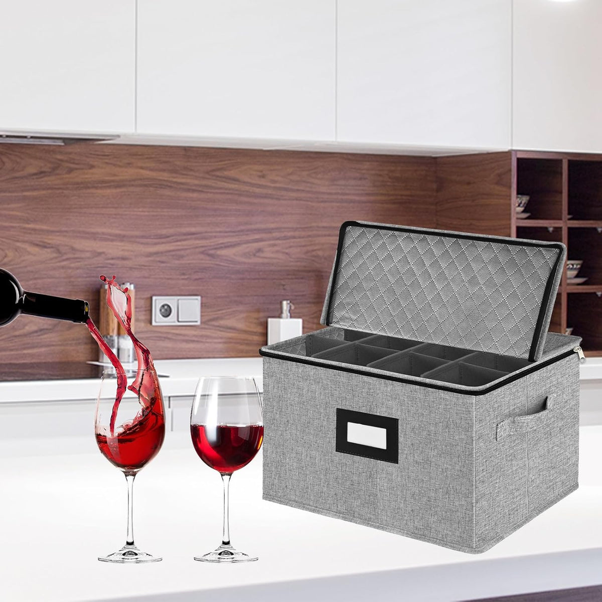 VERONLY Stemware Storage Cases,Quilted Wine glass Storage Boxes with Divider-China Storage Containers Hard Shell Holds 12 Wine Glass or Crystal Glassware Storage Containers, Stackable (Light Grey)