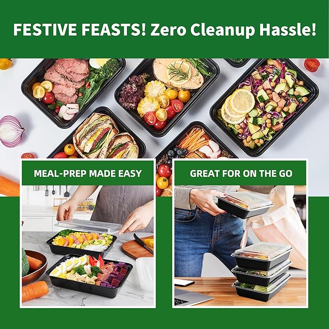 Meal Prep Containers, 50 Pack 58oz (100-Piece) Disposable Take Out Food Storage Containers with Leakproof Lids, Large Plastic To Go Lunch Boxes, BPA Free, Microwave/Dishwasher/Freezer Safe