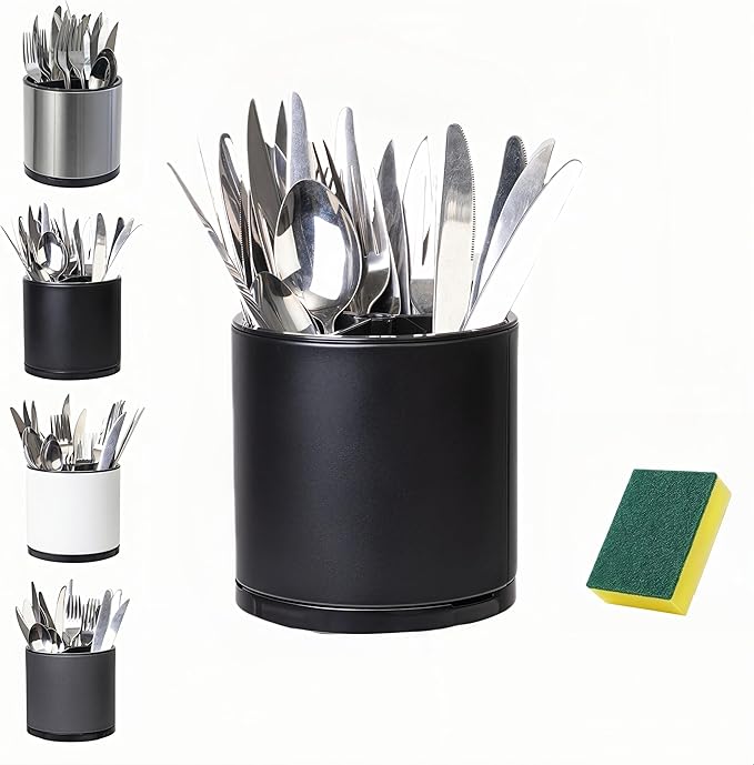 Utensil Holder,360°Rotating Kitchen Utensil Holder For Counter,Cooking Silverware Organizer Stainless Steel Caddy Flatware Spoon Spatula Tool Cutlery Container