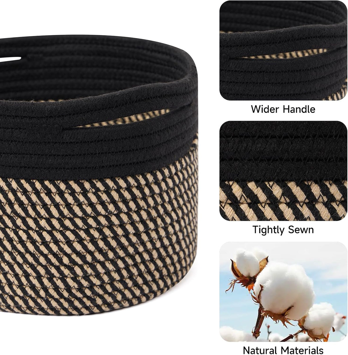 Small Basket for Organizing | Cube Shelf Closet Storage Baskets | 9.7×9.7×7.1” | Woven Rope Gift Basket | Nursery | Round 3 Packs Black Brown